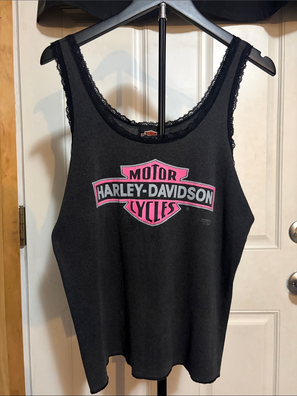 Vintage 1990 Harley Davidson Sturgis Tank Top Lace Trim 3D Emblem Pink